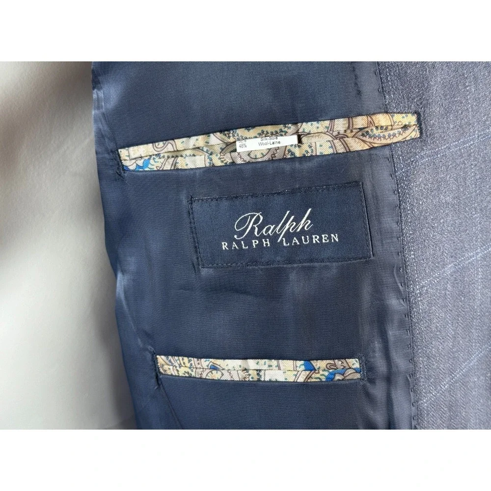 Ralph‎ Lauren Silk Wool Blazer Mens 52L Plaid Lined 2-Button Double-Vented Blue